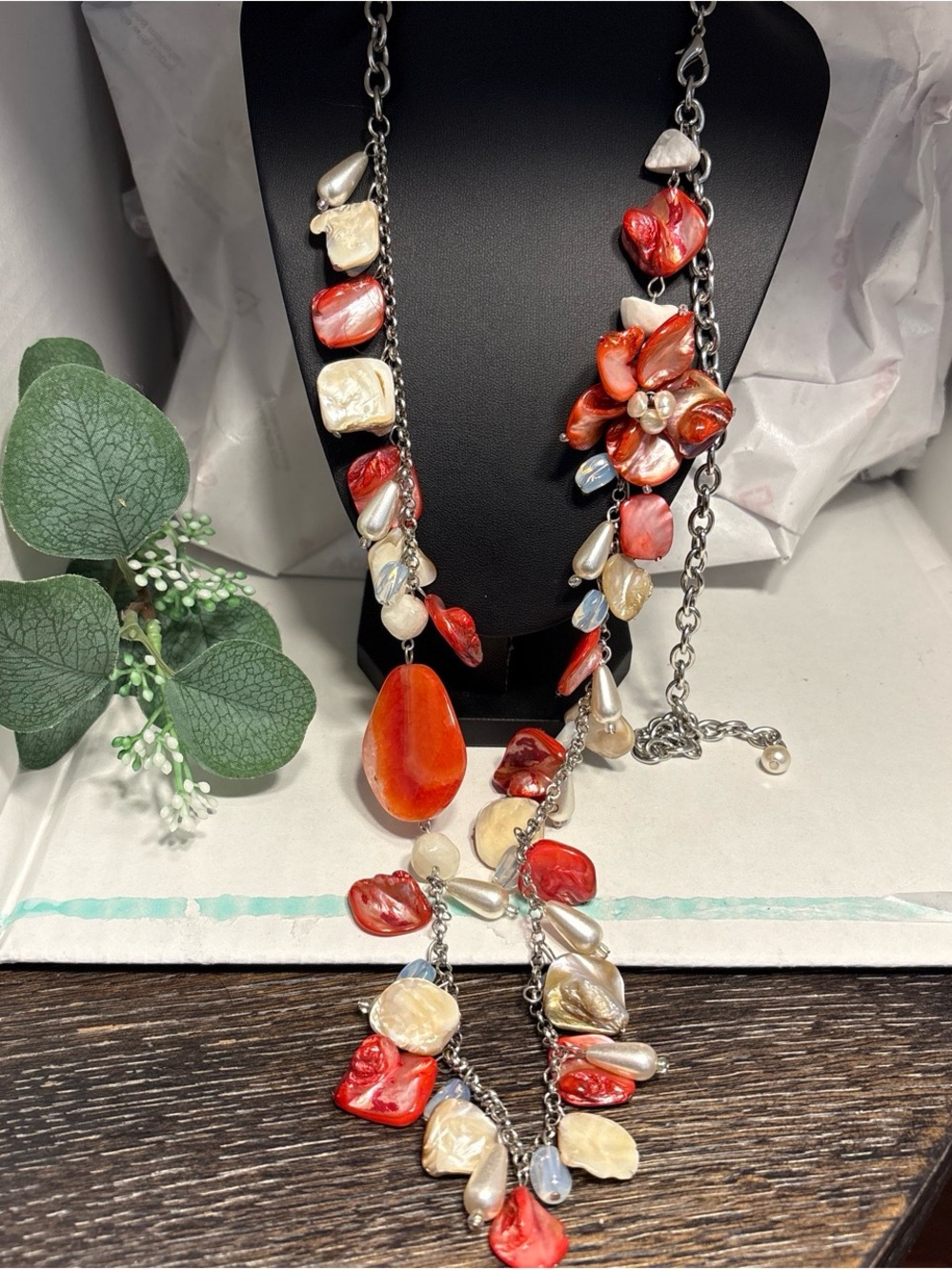 Pearl & Coral And Cream Colored Shell Statement Necklace - Unbranded